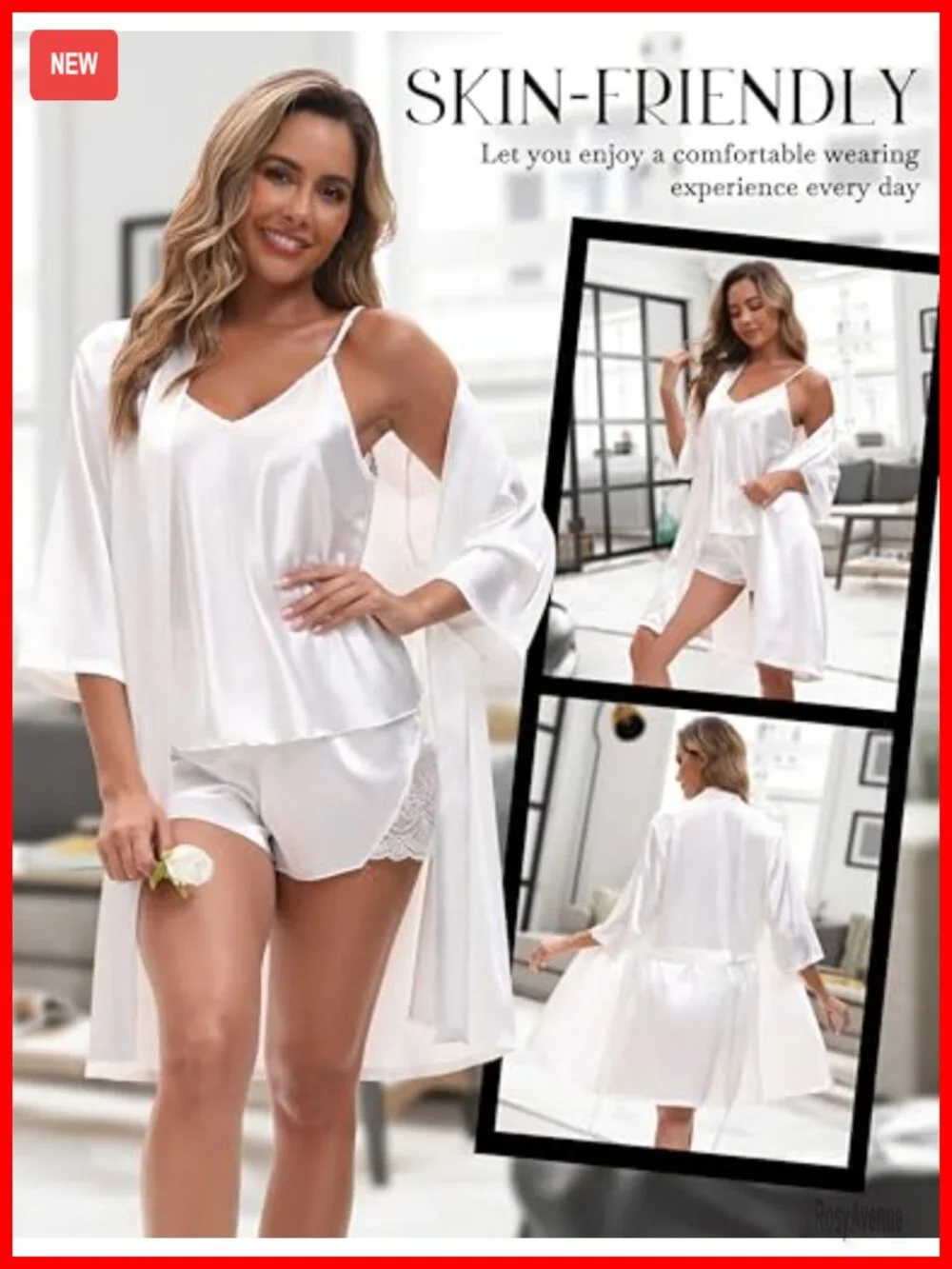 3 Piece Satin Pajama Set with Robe for Women Cami Top Shorts Sleepwear